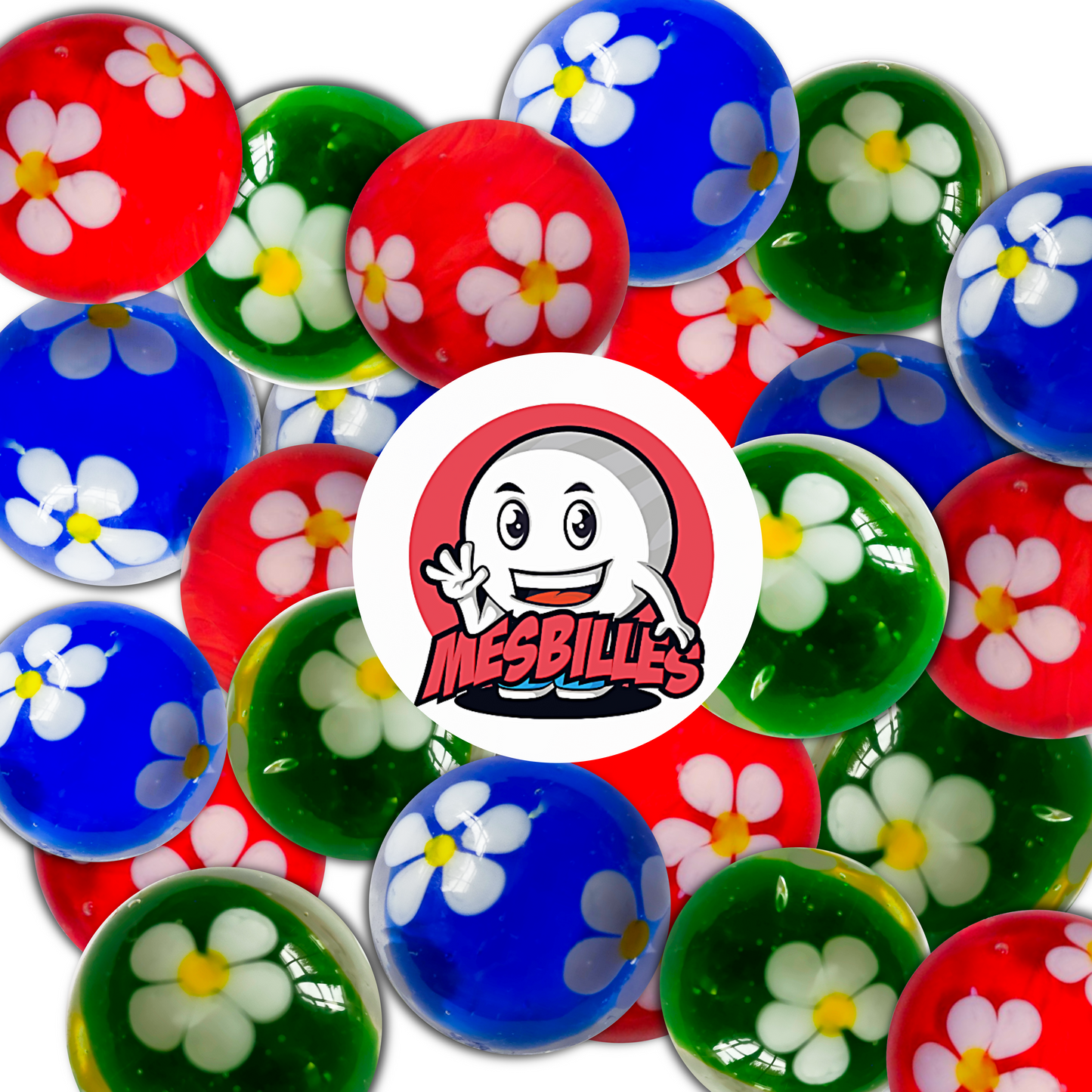 Billes de la collection Jardin Enchanté (rouge, verte et bleue) avec fleurs blanches internes, disposées autour du logo MesBilles