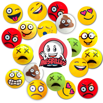 Vue d’ensemble colorée de la collection de billes smileys MesBilles : un arc-en-ciel d’émotions en verre, disposé autour du logo central