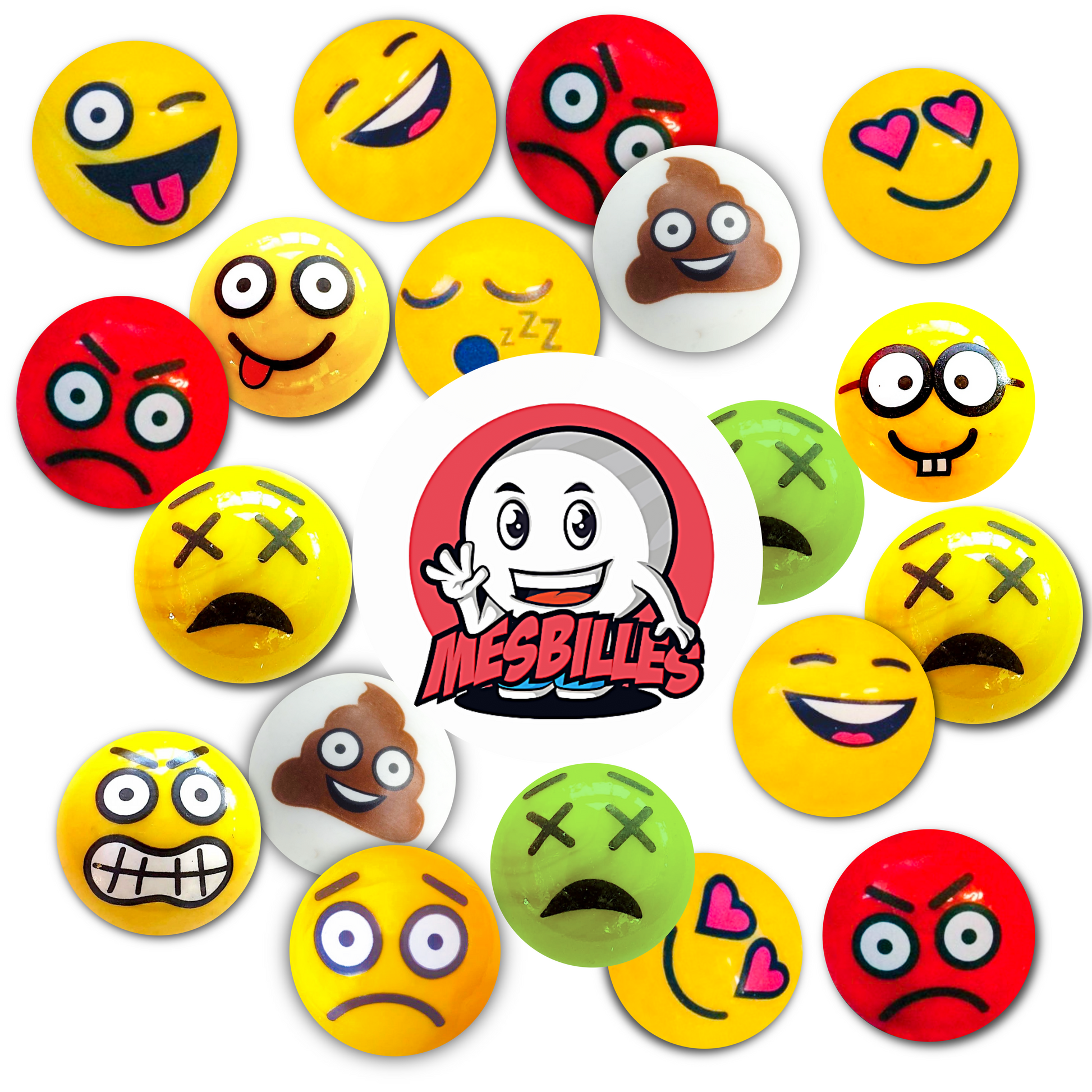 Photo promotionnelle regroupant plusieurs billes à expressions variées disposées autour du logo MesBilles, idéale pour illustrer la diversité des modèles disponibles