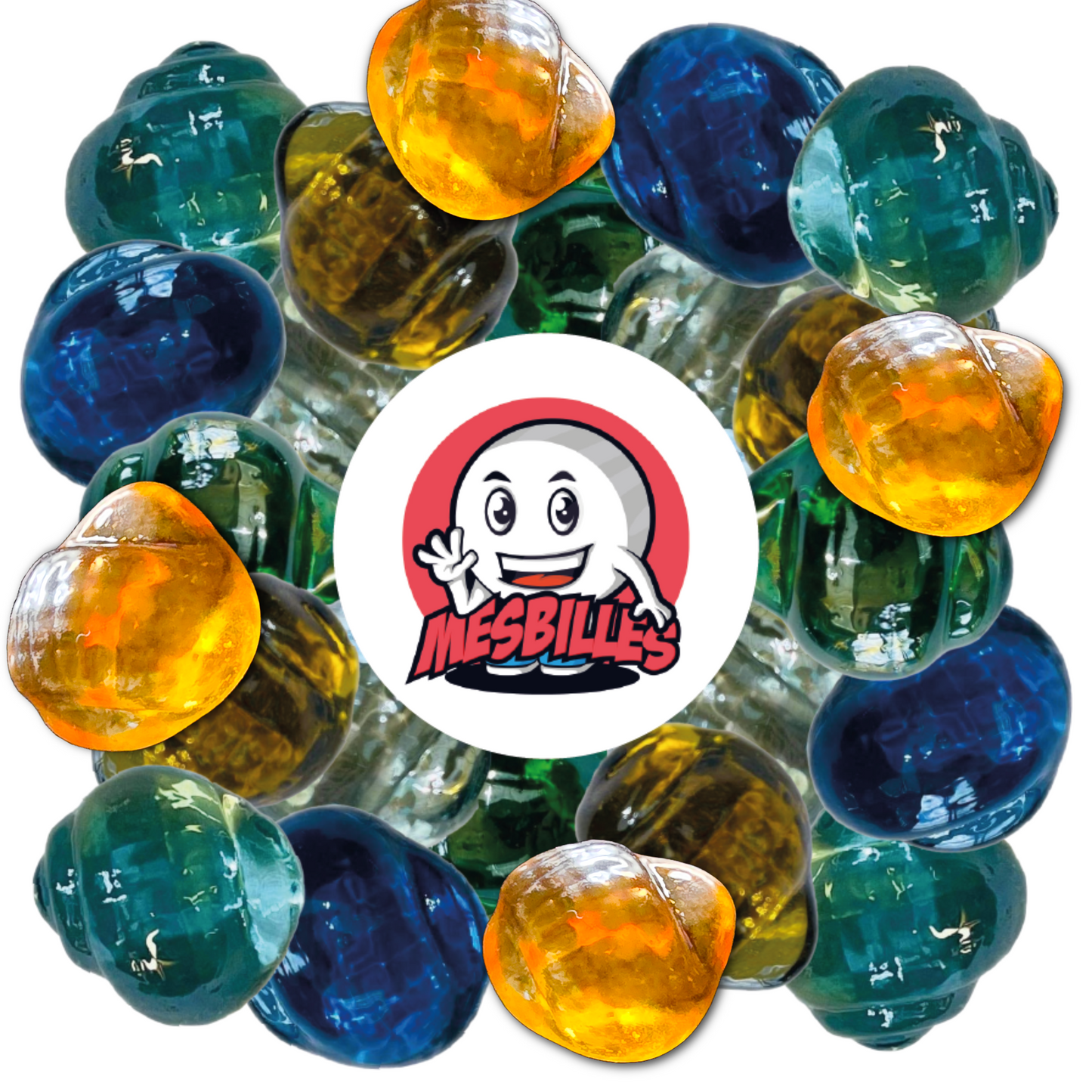 Mélange de billes Neptunea multicolores, avec plusieurs billes jaunes translucides en forme de coquillage mises en avant autour du logo MesBilles.
