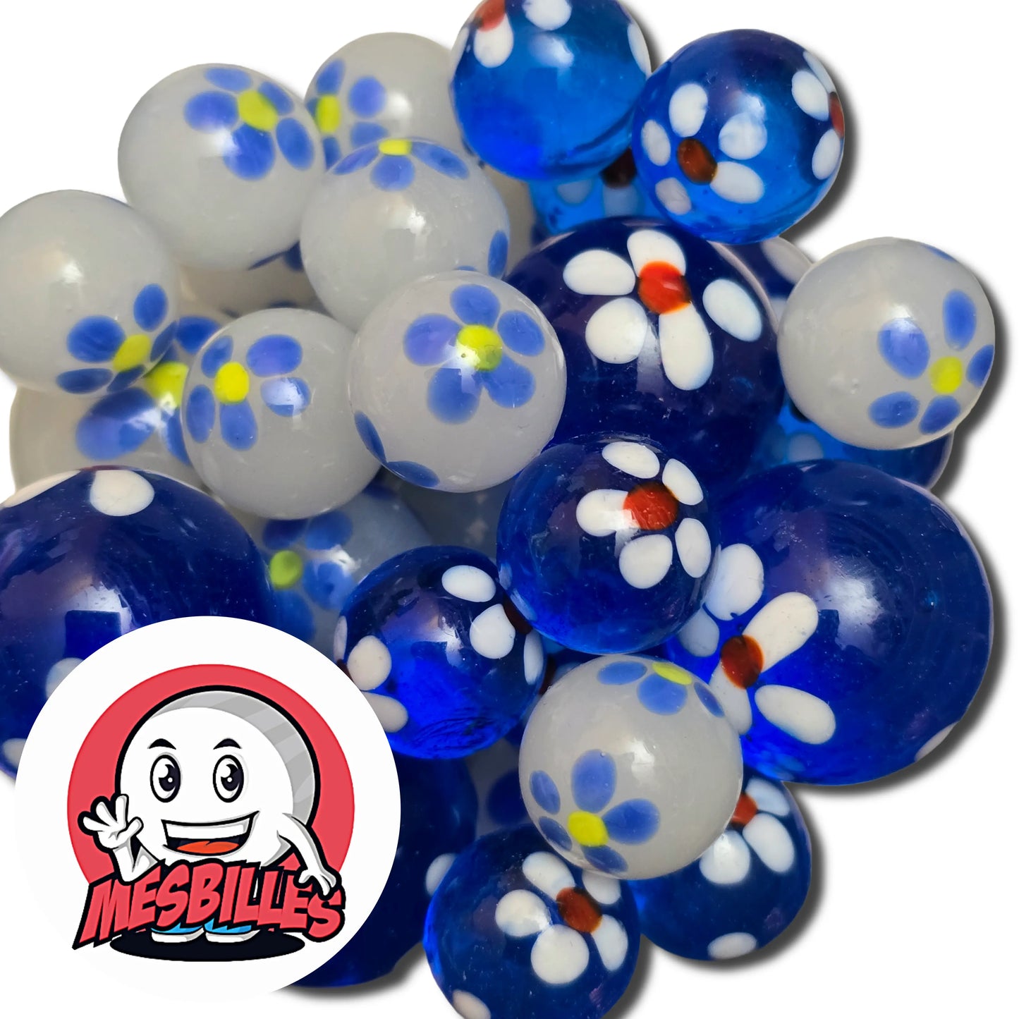 Assortiment de billes Art Pâquerette bleu et blanc en verre translucide – collection de billes décoratives MesBilles