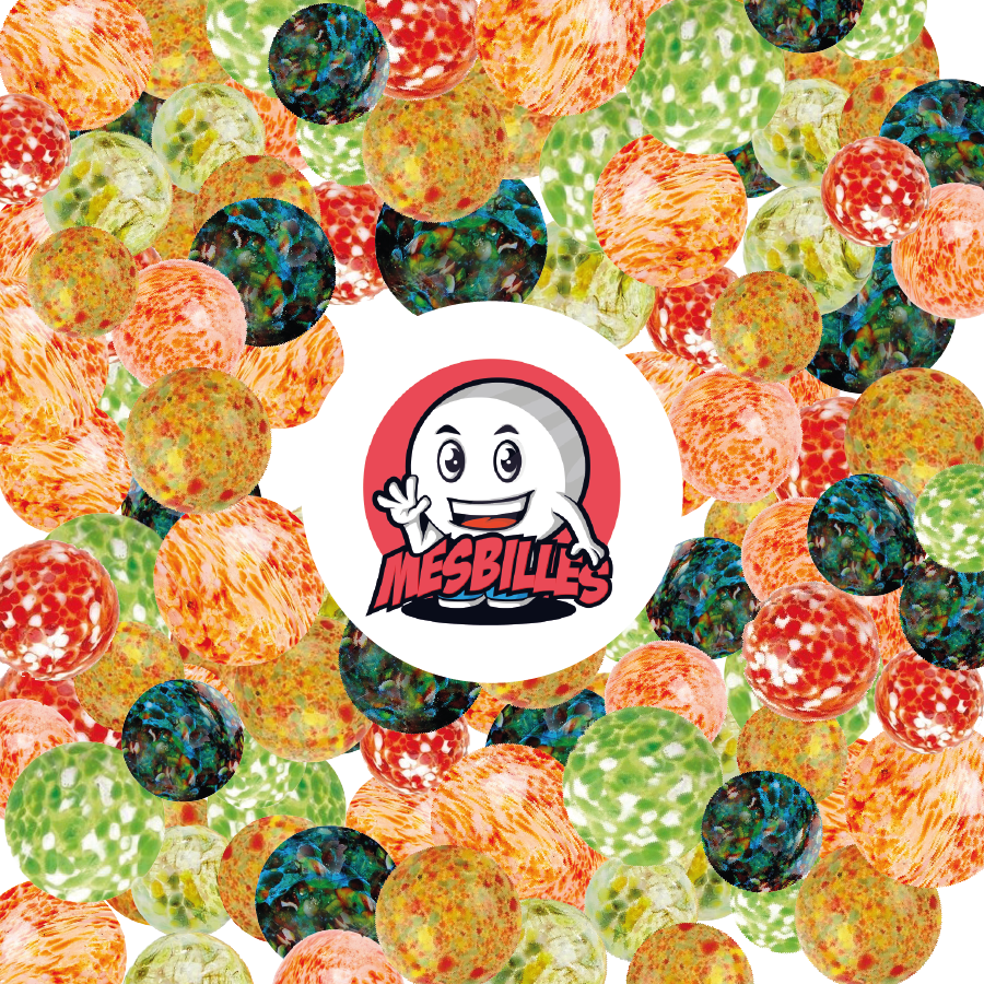 Billes Flyer Vert 25 mm, et billes multicolors qui entourent la mascotte MesBilles des billes en verre translucide avec des taches Multi-couleurs
