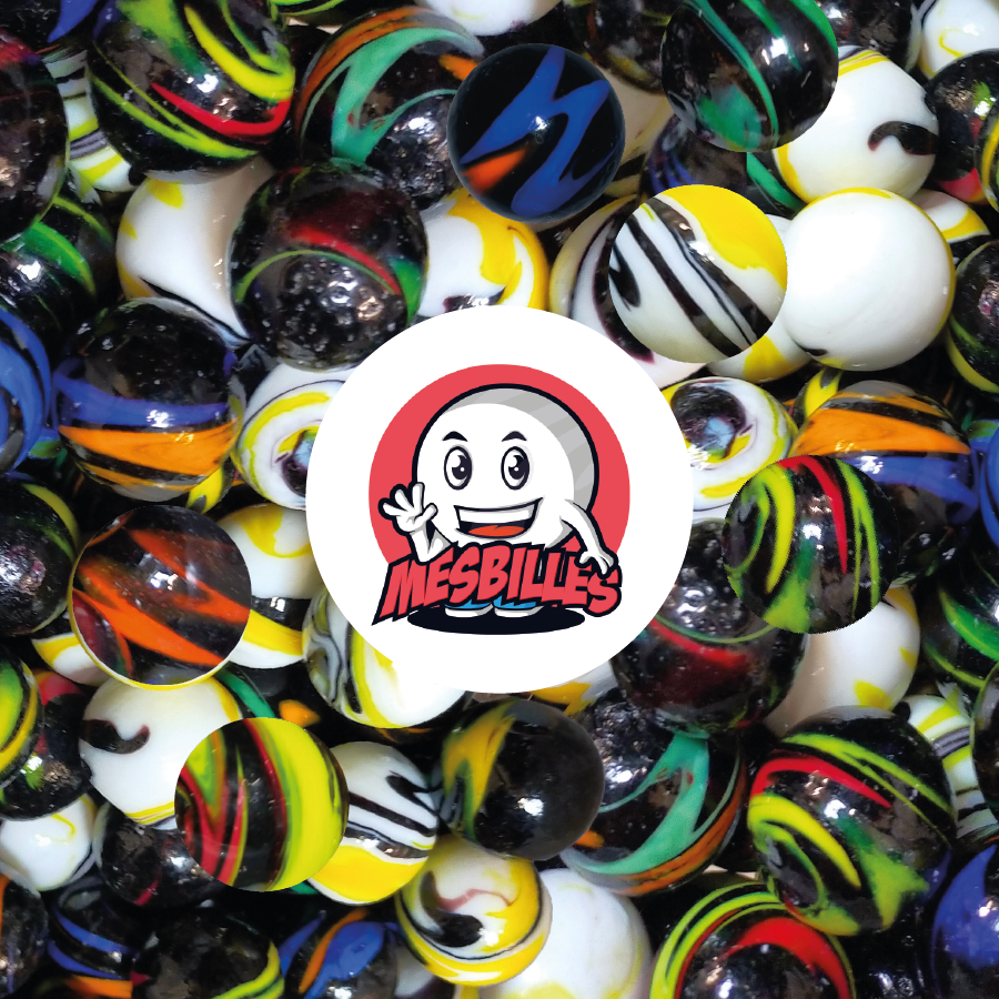 Bille Collector Kim'Play Diabolic, en verre Opaque Noir de 16 mm, Zébrée majoritairement de Bleu