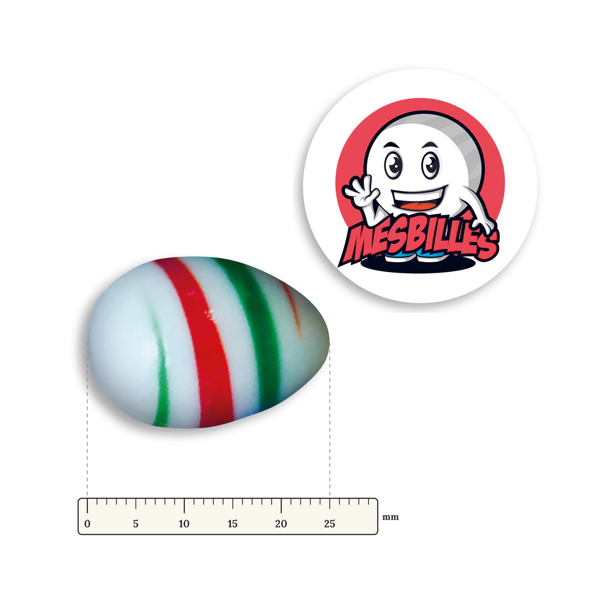 Bille Oeuf Blanc Rayé Rouge et Vert couchée à côté d'une règle graduée, environ 25 mm de long