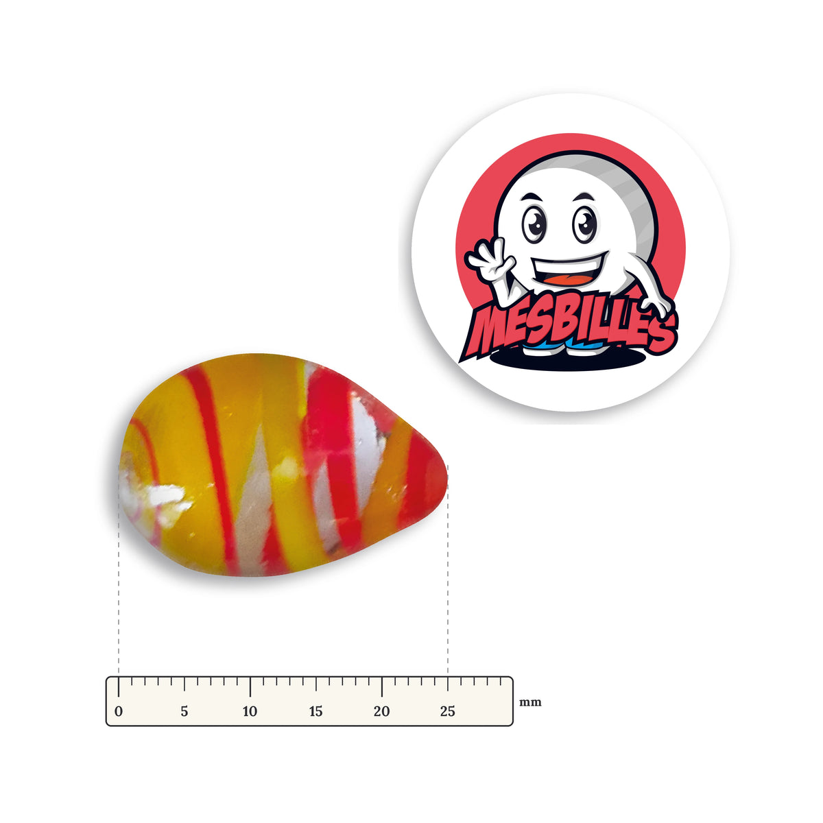 Bille Oeuf Cristal Rayé Rouge et Jaune couchée à côté d'une règle graduée, environ 25 mm de long