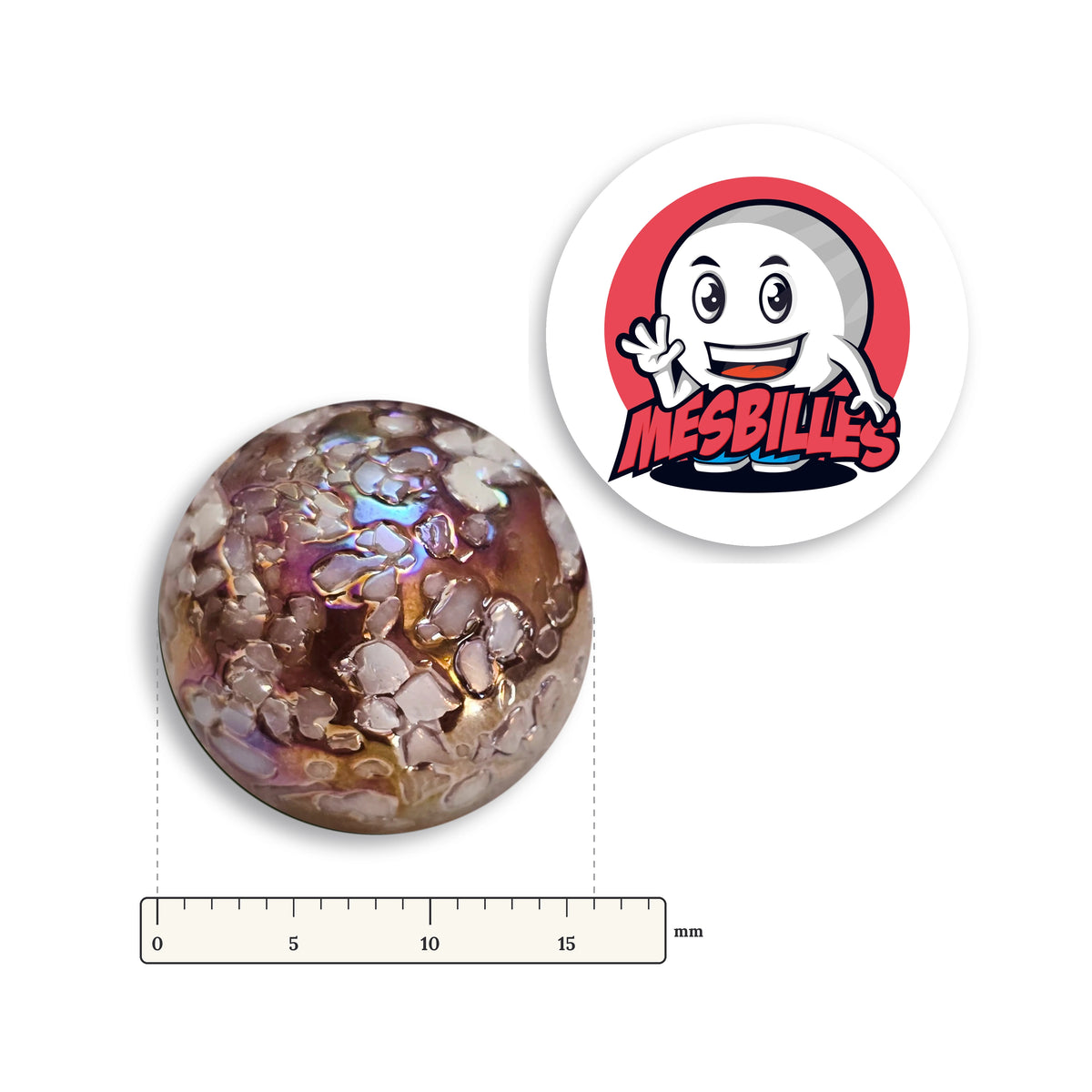 Bille Pépite YSES à côté d'une règle graduée, 16 mm de diamètre