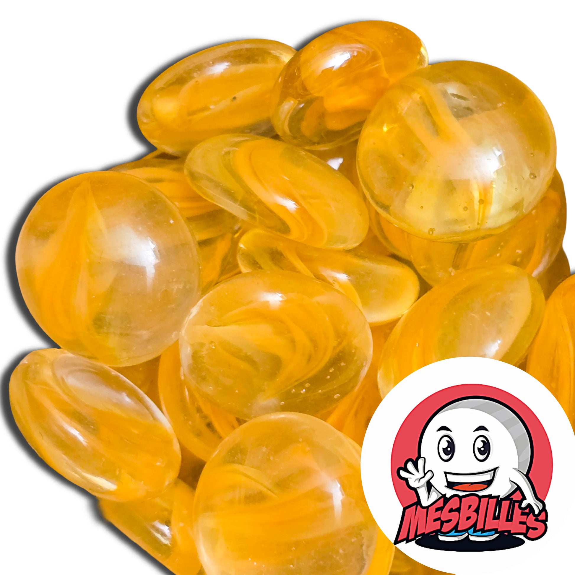 Dans la Grande Famille des Billes Froissé, il y a la Bille Plate en verre Translucide Strié de Couleur Orange.