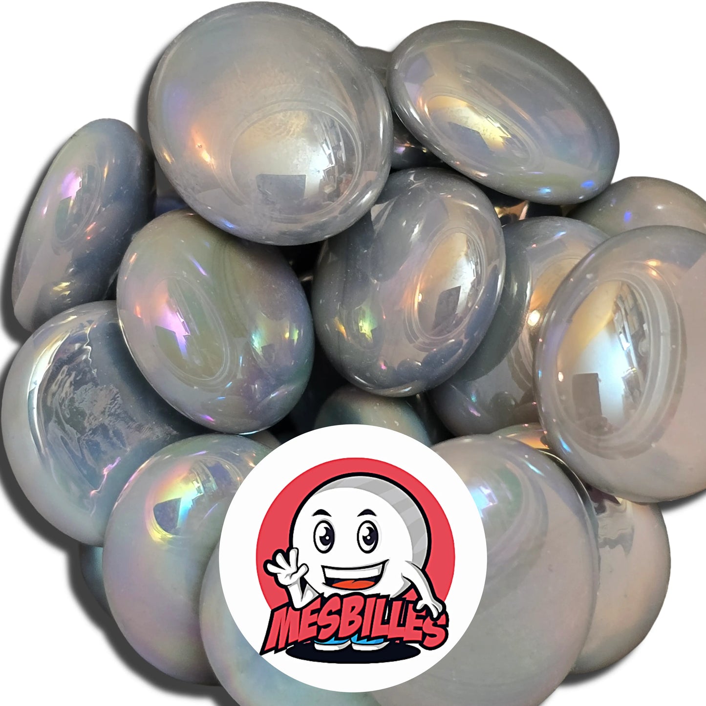 Dans la Grande Famille des Billes Glossys, il y a la&nbsp;Bille Plate en verre Opaque et Gris Brillant.