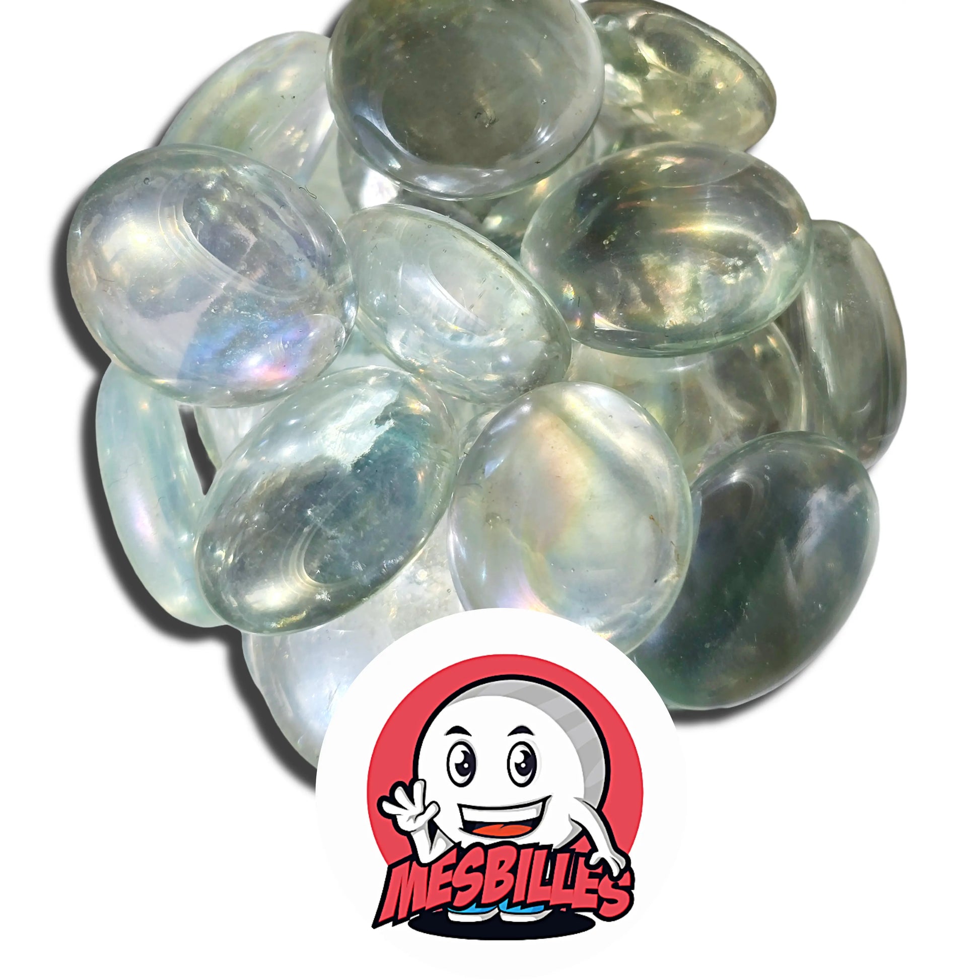 Dans la Grande Famille des Billes Irisée, il y a les Billes Plates en verre Translucides et Brillants de Couleur Cristal.