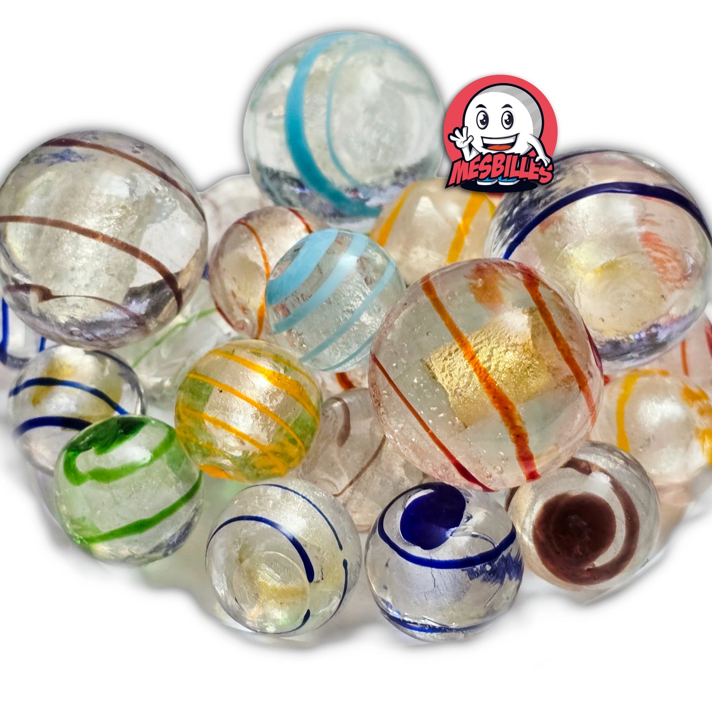 Ensemble de Billes entourées de billes multi-couleurs en 16 mm et 25 mm : Bille Tourbillon Bleu 16 mm KimPlay Collector translucide avec lignes bleu clair