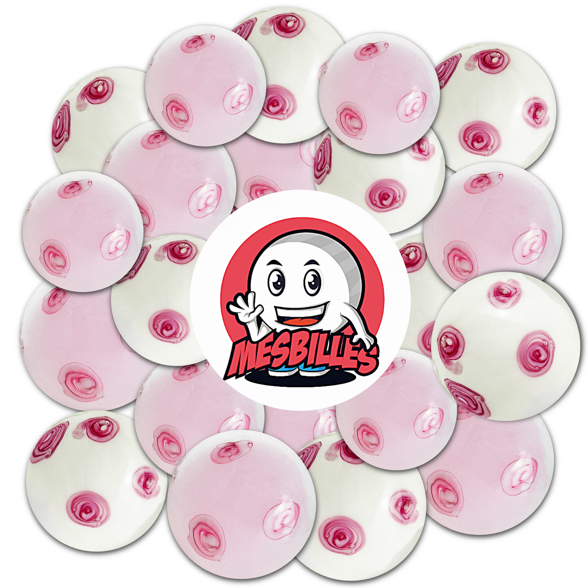 Mascotte MesBilles posée sur des Billes en verre artisanales de 16 mm un fond rose ornée de fleurs roses délicates, évoquant la poésie fragile du cerisier en fleurs. 