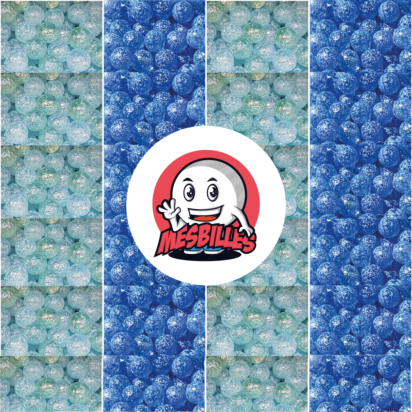 Image de la Mascotte MesBilles entourée de Billes Pépite en verre translucide avec éclats bleu 16 mm
