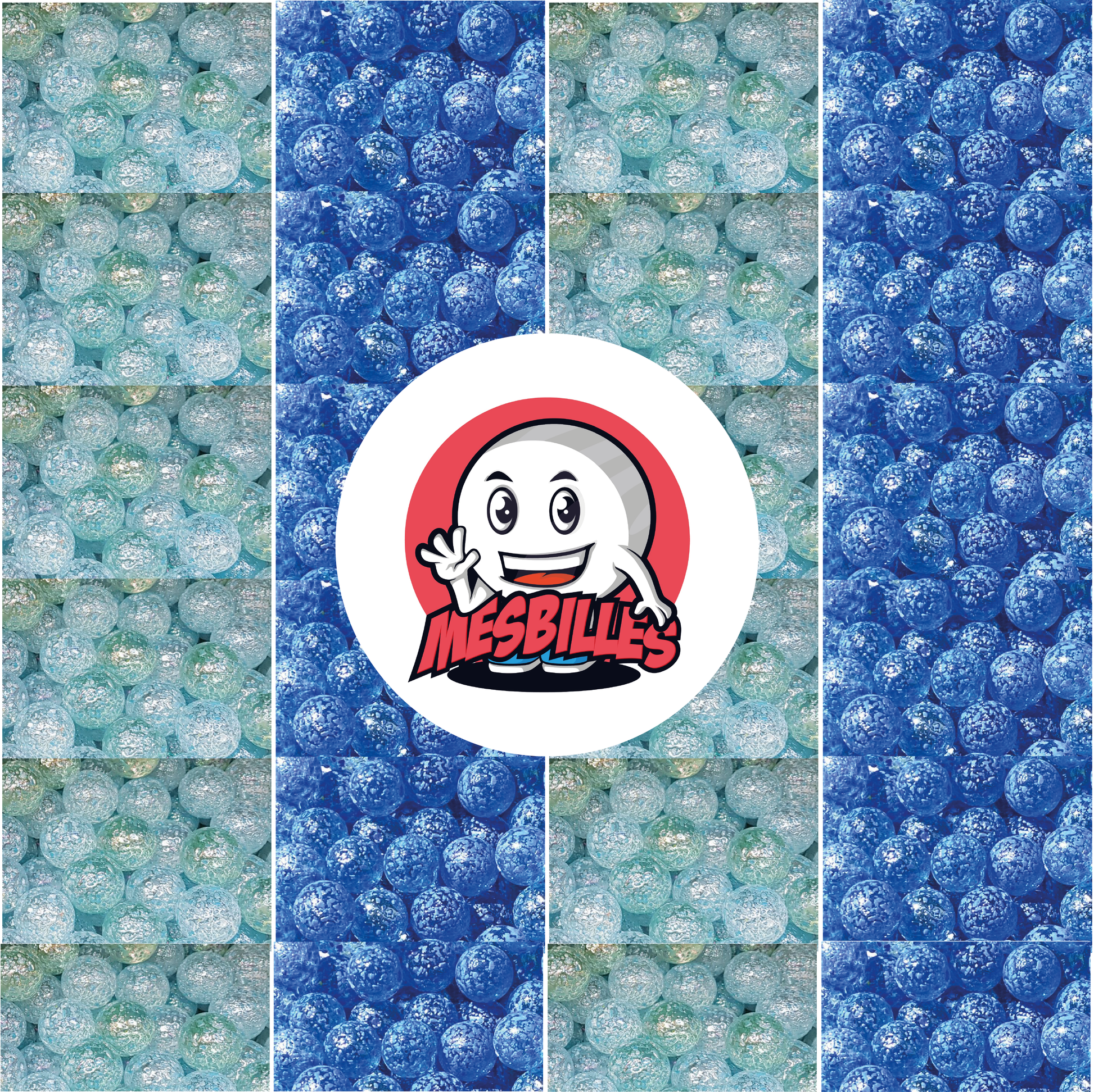 Image de la Mascotte MesBilles entourée de Billes Pépite en verre translucide avec éclats bleu 25 mm