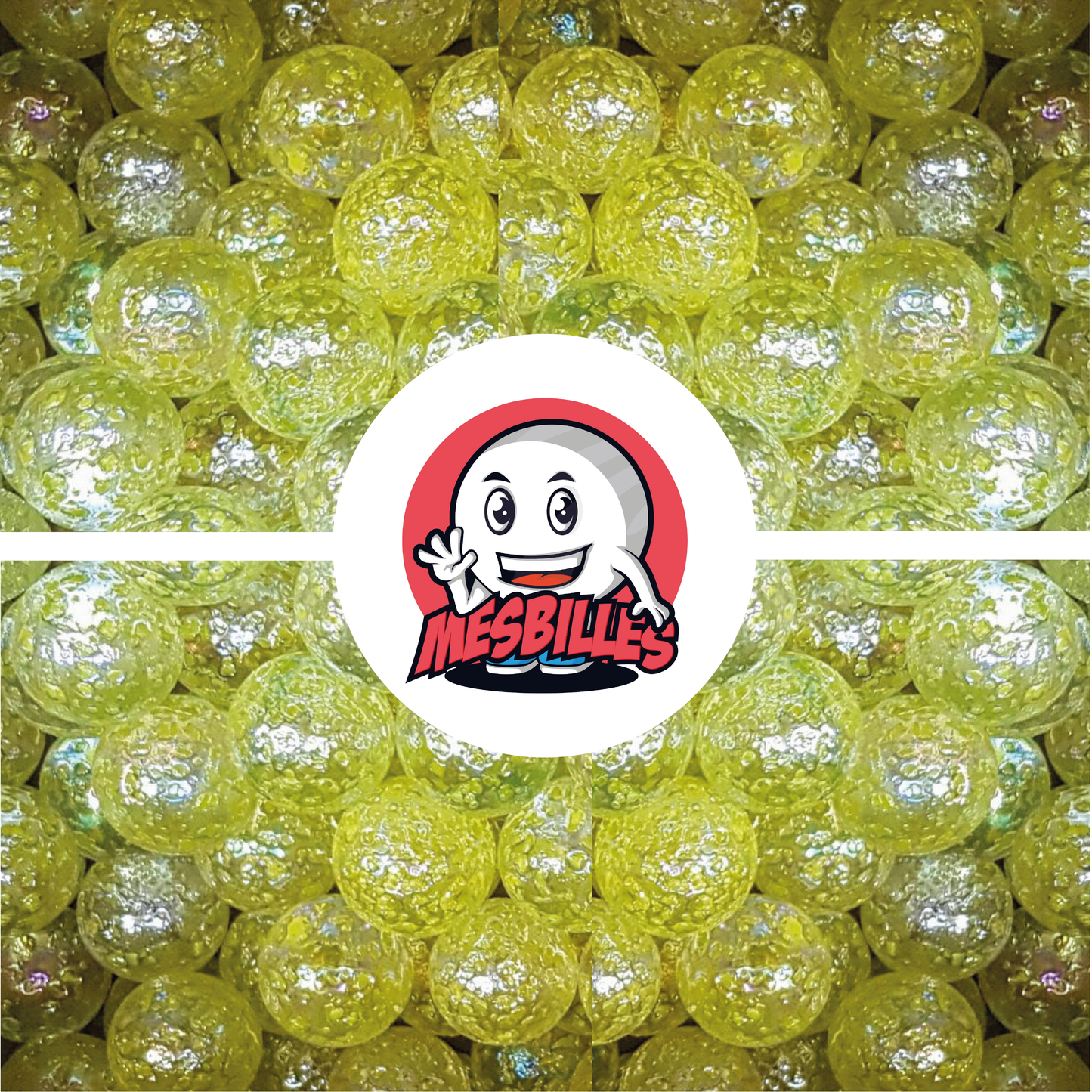 Image de la Mascotte MesBilles entourée de Billes Pépite en verre translucide avec éclats JAUNE 25 mm