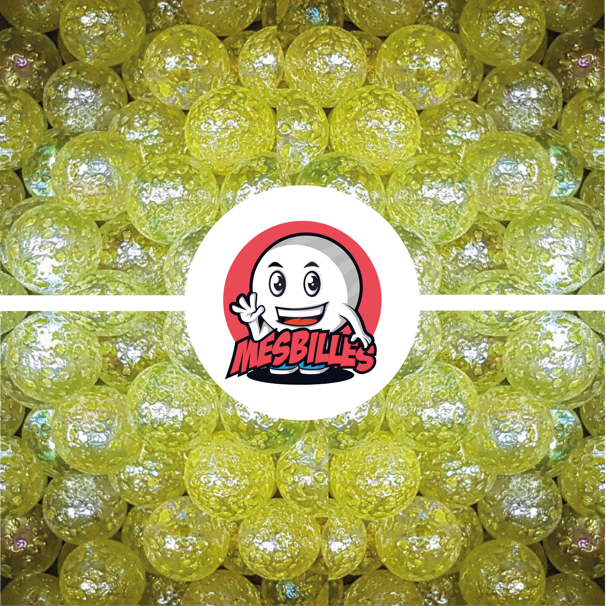 Image de la Mascotte MesBilles entourée de Billes Pépite en verre translucide avec éclats JAUNE 25 mm