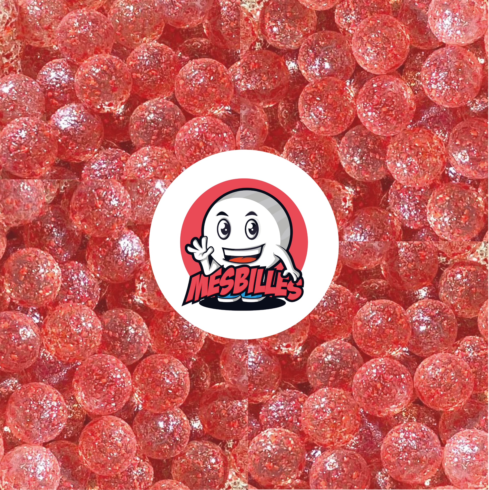 Image de la Mascotte MesBilles entourée de Billes Pépite en verre translucide avec éclats ROUGE 16 mm
