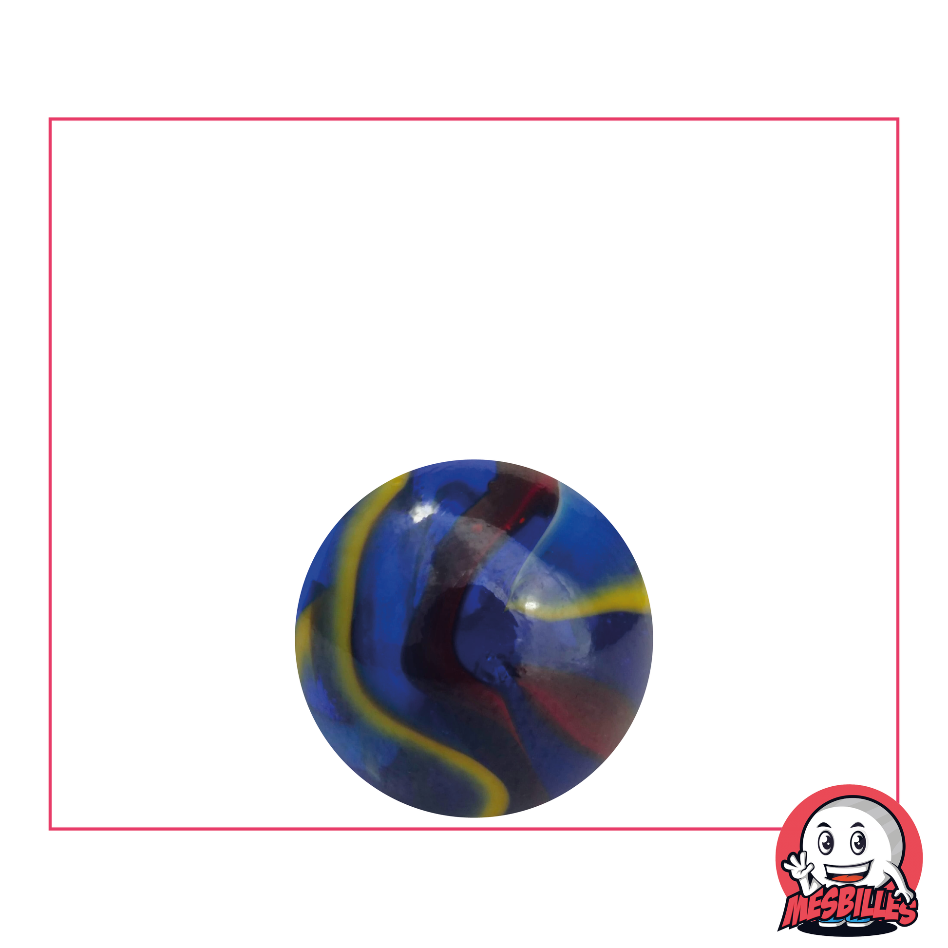 Bille Michel-Ange 16 mm en verre bleu, avec striures rouges, blanches et jaunes - MesBilles