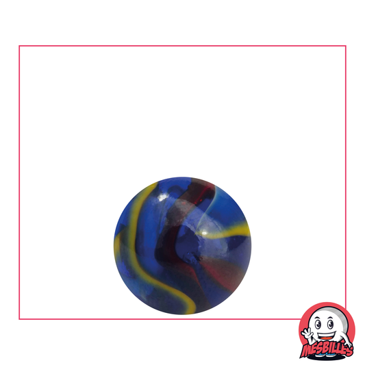 Bille Michel-Ange 16 mm en verre bleu, avec striures rouges, blanches et jaunes - MesBilles