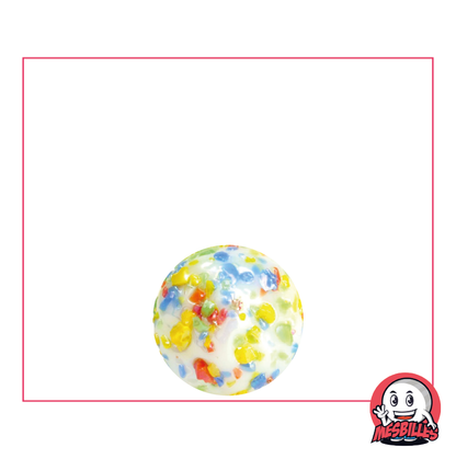 Image de la Mascotte MesBilles entourée de Billes 14 mm blanche opaque recouverte d'éclats multi-couleurs