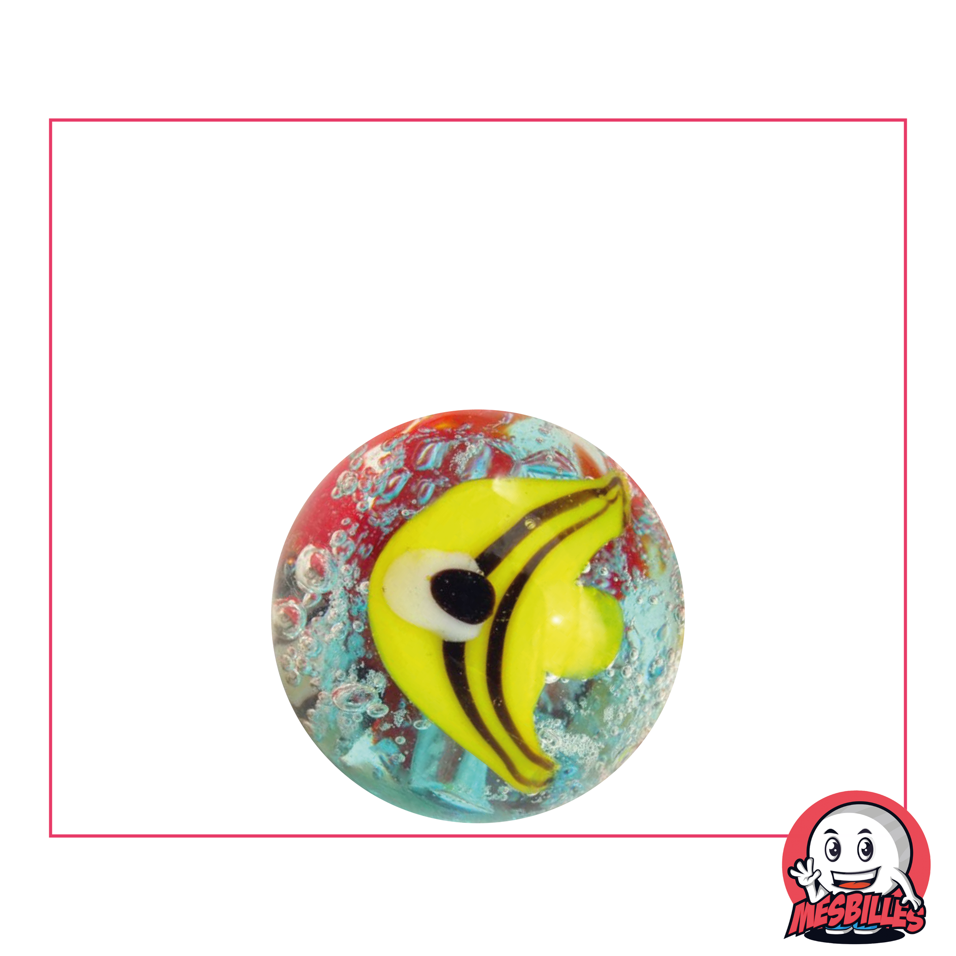 Bille d'art Poisson Jaune, bille translucide figurant l'eau de la mer et surmonté d'un poisson jaune