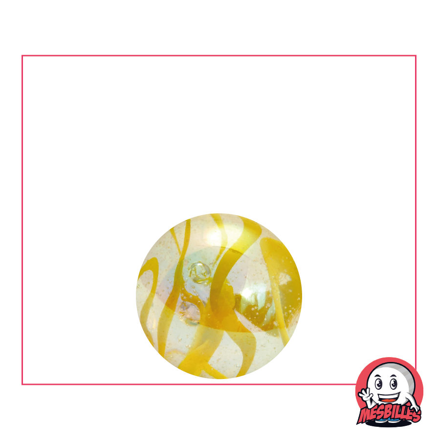 Bille JAUNE Bleu 16 mm, Bille en verre translucide traversée de striées colorées - MesBilles