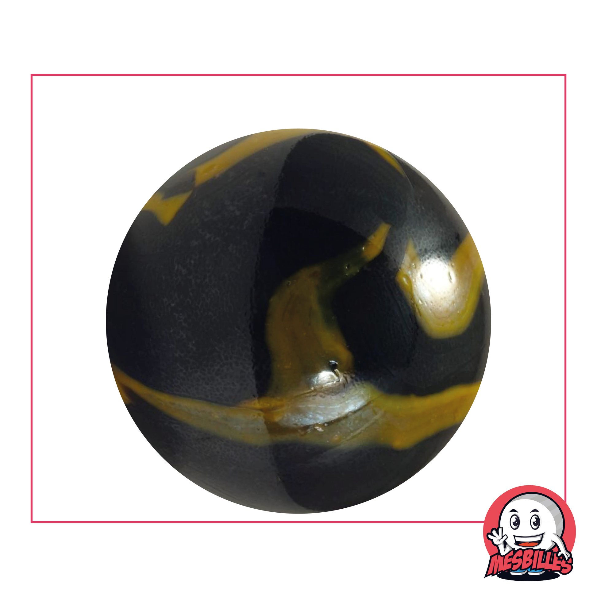 Bille Souterraine 42 mm en verre Noir brillant et taches jaune, bille taille Baleine, grande bille