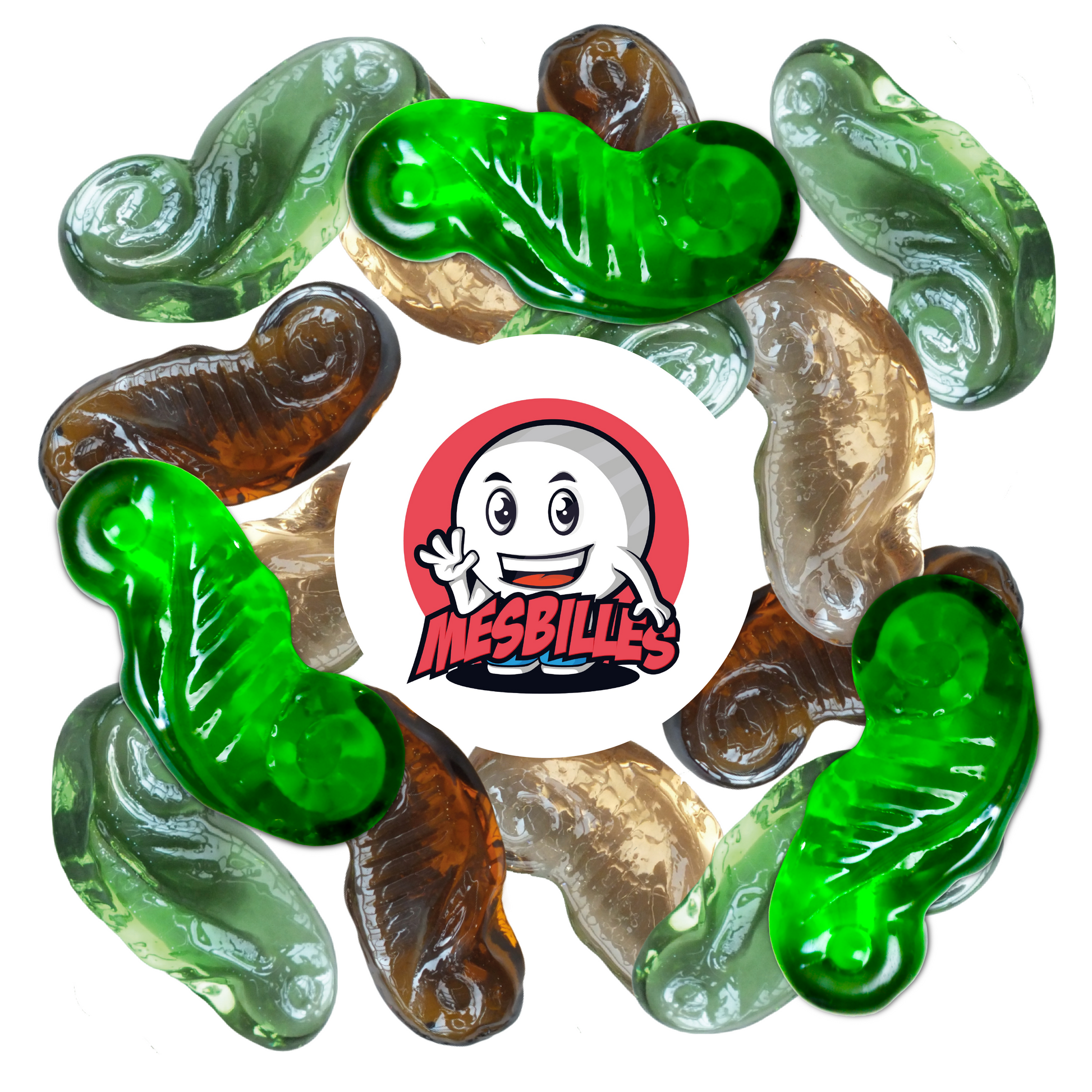 Vue rapprochée de plusieurs billes Hippocampe en verre de différentes teintes (vert, ambre, cristal), disposées autour du logo MesBilles.
